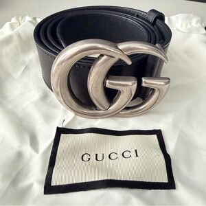 Gucci GG Marmont Leather Belt Black Silver Double G Buckle 90 1.5” Width
